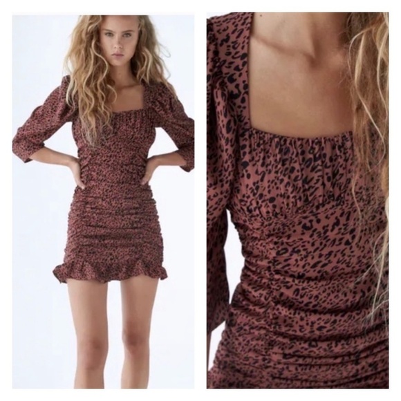 NWT ZARA Pink Leopard Print Ruched Ruffle Mini Dress - Picture 1 of 7